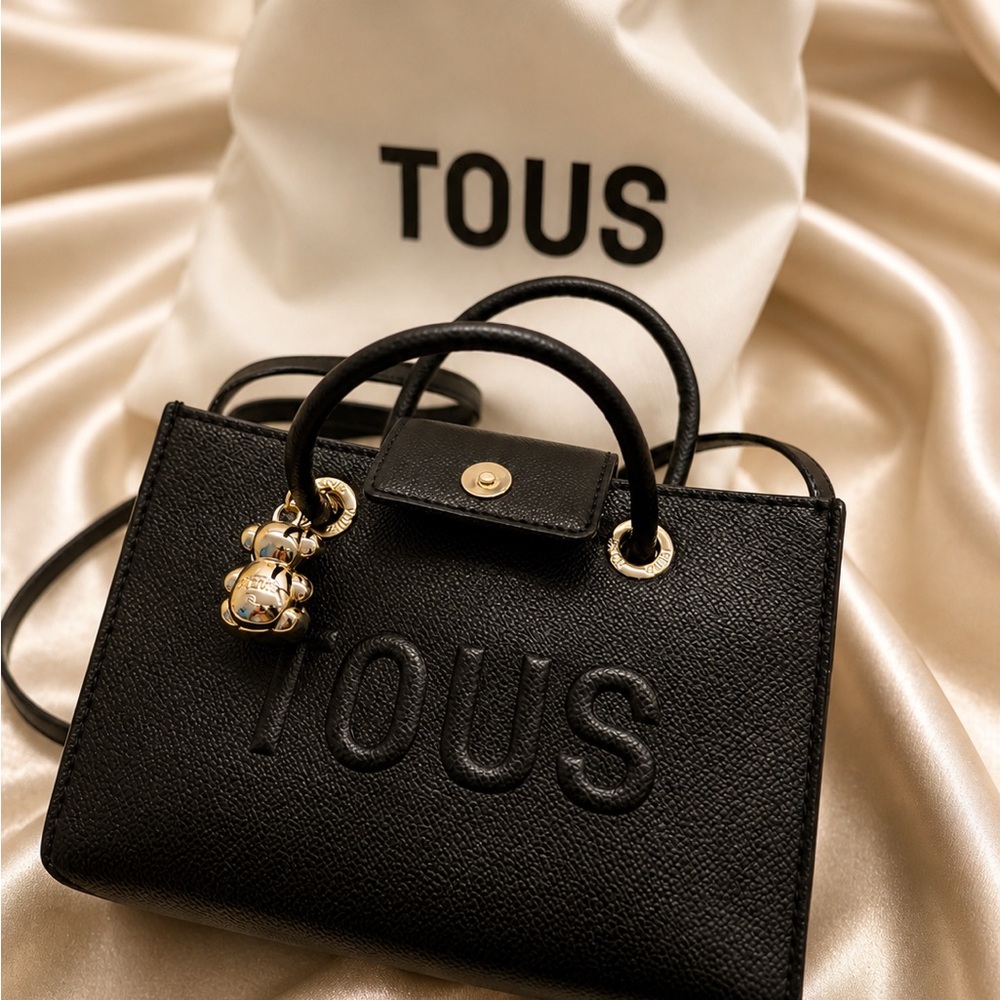 TOUS Black Leather Satchel with Gold Bear Charm